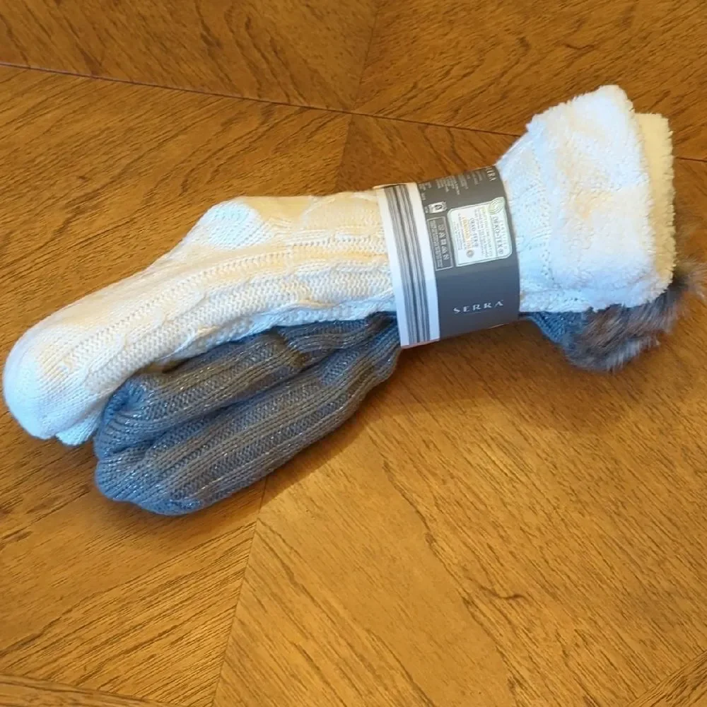 Serra Cozy Chunky Knit Slipper Socks with Faux Fur Trim 2 Pair